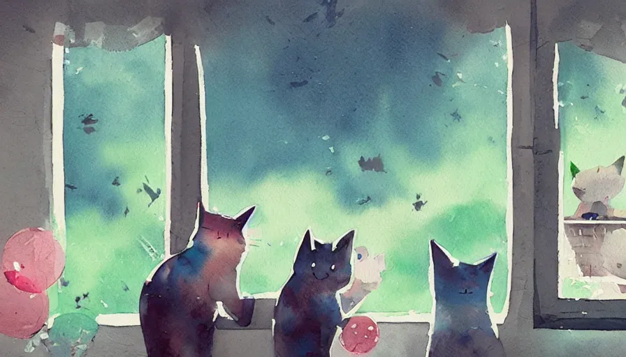 Prompt: watercolor illustration style, cute cats looking out the window, inspired by tearaway, dreamy aesthetic, misty, trending on artstation, vivid colors, 8 k, filip hodas, jeremy mann