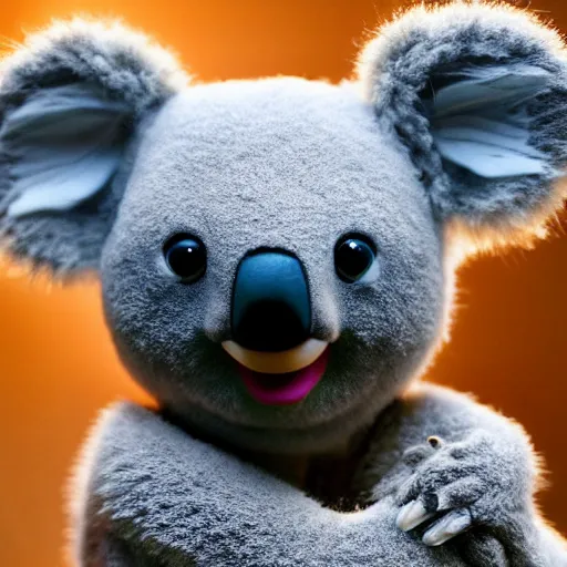 Image similar to adorable cute koala as a muppet, intricate detail, beautiful aesthetic, photorealistic, award winning professional cinematic composition, backlit, rim lighting, 8 k