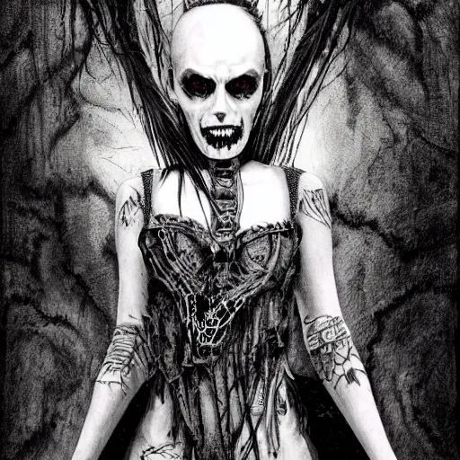 Prompt: portrait painting of a hideous goth girl with a mohawk smiling, undead, vampire, sharp focus, ultra realistic, concept art, intricate details, eerie, highly detailed, photorealistic, dark, black and white, rpg art vampire the masquerade. art by tim bradstreet