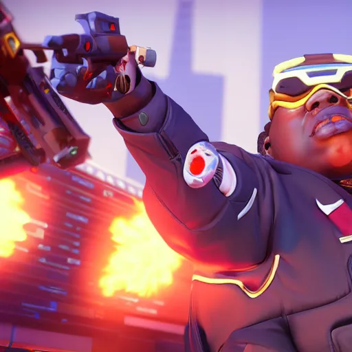 Image similar to biggie smalls as a overwatch hero, ingame, 4 k, clear focus, detailed,