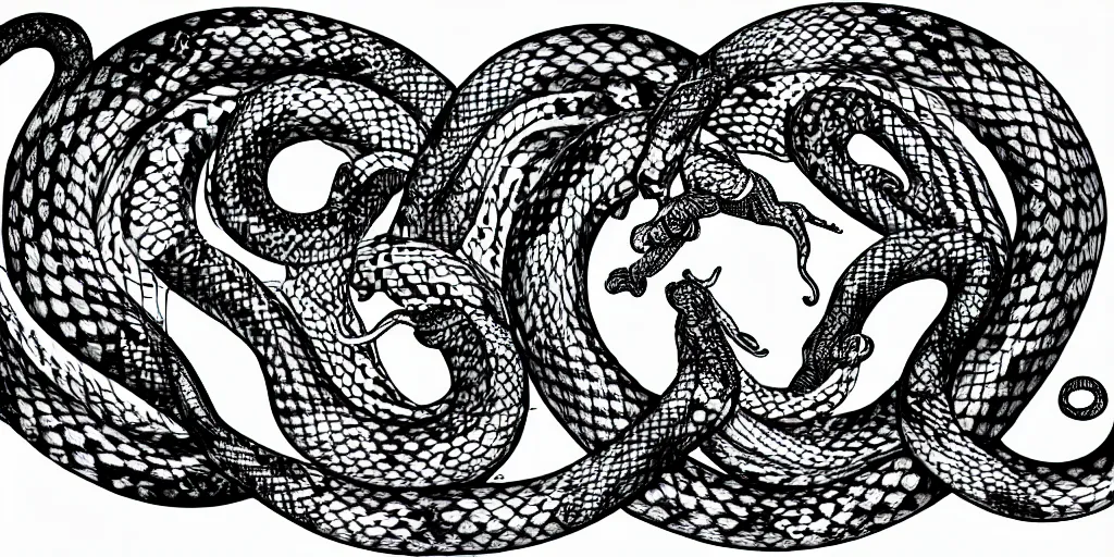 Prompt: realistic scene of snakes as ying yang, white and black, 1 4 5 0, ink, ultra realistic, 8 k