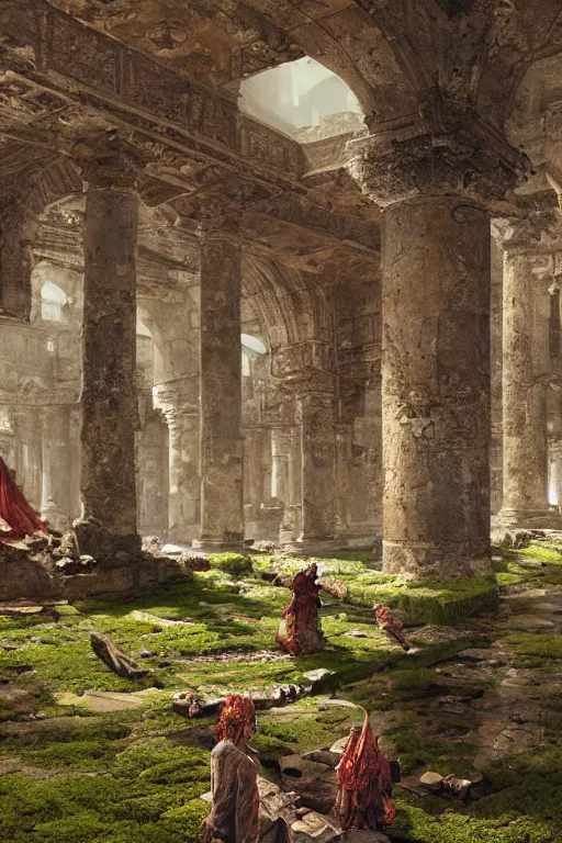 Image similar to looking up at ancient tartarian temle ruins interior, broken statues, moss, intricate, elegant, vivid colors, highly detailed, john park, craig mullins, sparth, ruan jia, jeffrey catherine jones