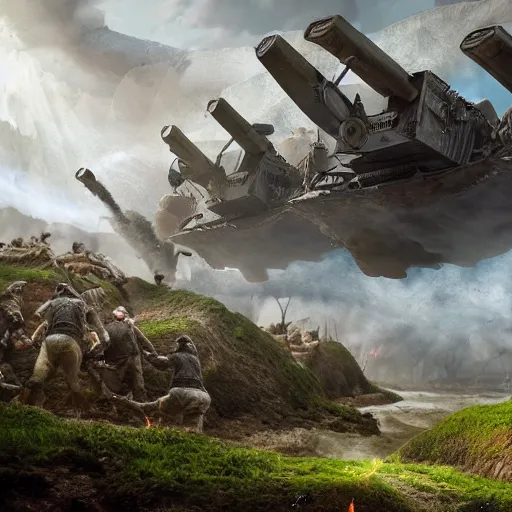 Prompt: natural looking fight landscape of ww 1 deep trenches with fortifications, crabs fighting with elephants, green gas spreading across land, futuristic tank is on fire, ground explosion in the background, alien mothership in the sky, hyper realistic, highly detailed, dramatic lighting, raytarced, god rays, 4 k, 8 k, matte painting