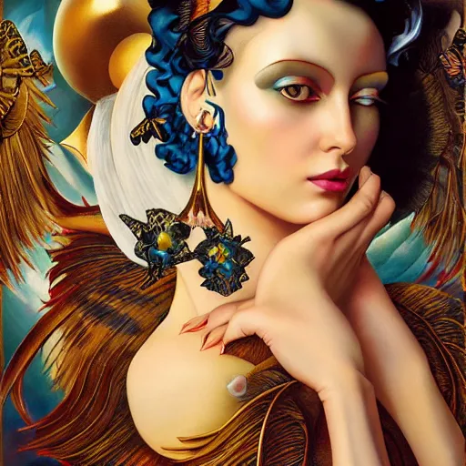 Prompt: dynamic composition, a painting of a woman with hair of butterfly wings, wearing ornate earrings, a surrealist painting by tom bagshaw and jacek yerga and tamara de lempicka and jesse king, featured on cgsociety, pop surrealism, surrealist, dramatic lighting, wiccan, pre - raphaelite, ornate gilded details