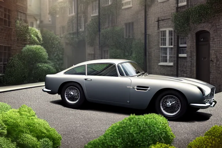 Image similar to a wholesome animation key shot of one focused shortened aston martin db 5, in a rich london mews residential street, waist height, medium range, studio ghibli, ( pixar ) and disney animation, sharp, very detailed, unreal engine 5 render, bloom, high resolution, anime key art by greg rutkowski