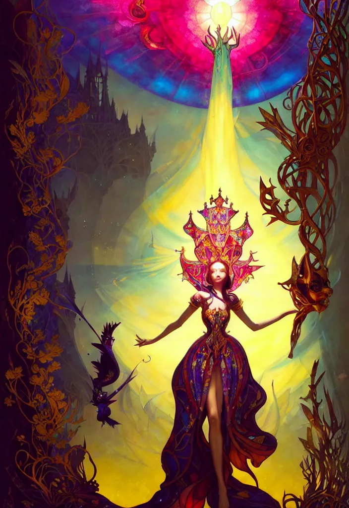 Prompt: full body picture of a beautiful and cute and aesthetic princess in the castle made of stained glass, model pose, bright color, sun shining through, sharp focus, highly detailed face, specular reflection, art by anato finnstark and lecouffe deharme and pete mohrbacher and quentin mabille and frank moth, fantasy illustration, epic light novel cover art