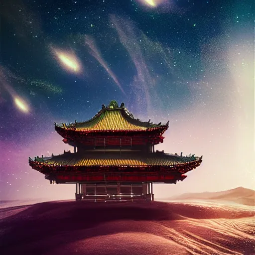Prompt: Tang dynasty spaceship in the starry sky, kodak, fuji film, photoreal, 12k ursa, volumetric light, cinematic photograph concept art