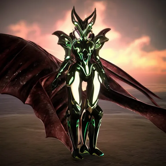 Image similar to cinematic close up full body shot of a beautiful stunning saryn prime warframe, that's a beautiful stunning anthropomorphic robot female dragon with metal cat ears, cute elegant pose, standing on teh beach at sunset, robot cat paws for feet, thick warframe legs, detailed arms, sharp claws, slick pink armor, streamlined white armor, long elegant tail attached to her back end, two arms, two legs, detailed warframe fanart, destiny fanart, macro art, dragon art, furry art, realistic digital art, warframe art, Destiny art, furaffinity, DeviantArt, artstation, 3D realistic, 8k HD, octane render