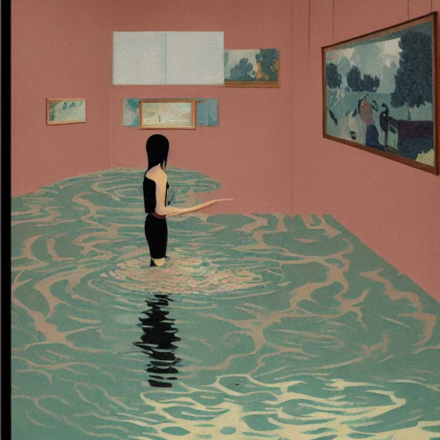 Image similar to tall female emo artist in her flooded bathroom, water gushing from ceiling, painting of flood waters inside an artist's bathroom, a river flooding indoors, pomegranates, pigs, ikebana, water, octopus, river, rapids, waterfall, black swans, canoe, berries, acrylic on canvas, surrealist, by magritte and monet