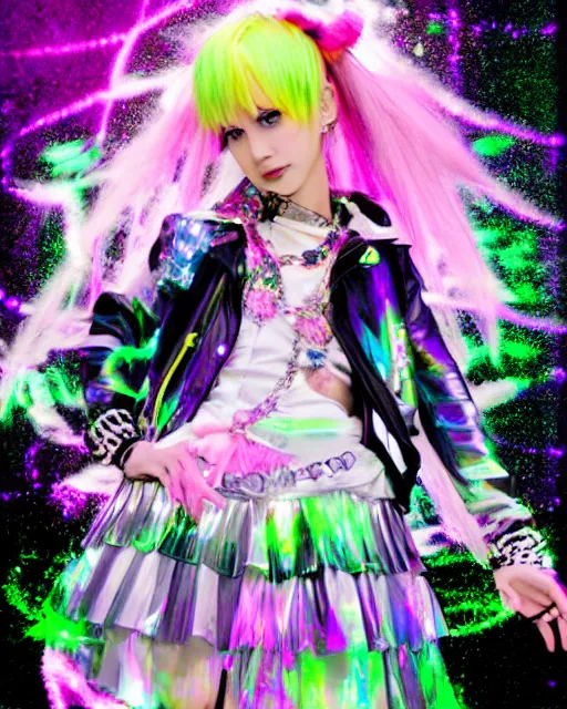 Image similar to a hologram of decora styled yotsuba koiwai wearing a gothic spiked jacket, holography, irridescent, baroque visual kei decora art