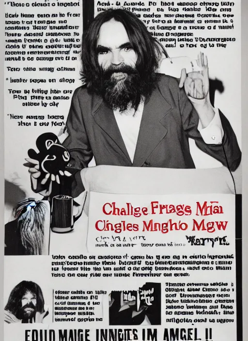 Image similar to vintage magazine advertisement depicting charles manson hosting the muppet show, cinestill grainy film, by alex grey