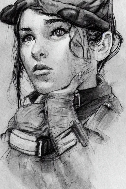 Image similar to beautiful portrait of a young ukrainian female soldier, frank miller style, sketch