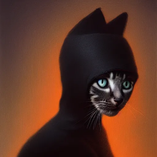 Image similar to a portrait of a kitten wearing a black hood, cloak covering face, anatomically correct, beautiful perfect face, enigmatic, oil painting, matte, black background, Volumetric dynamic lighting, Highly Detailed, Cinematic Lighting, Unreal Engine, 8k, HD, by Beksinski