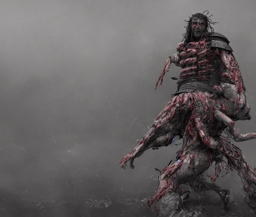 Image similar to samurai standing on a bunch of bodies with 6 arms , gloomy and foggy atmosphere, octane render, artstation trending, horror scene, highly detailded