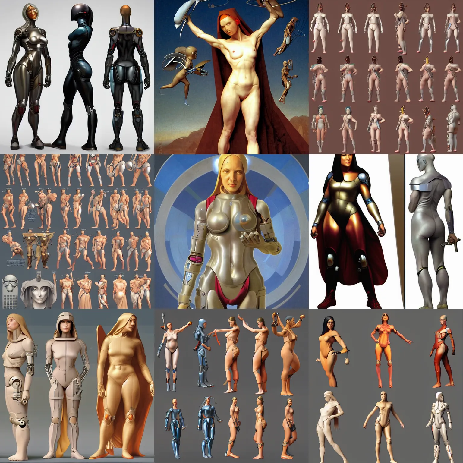 Prompt: female badass cyborg, character sheet, turnaround, whole body, fll figure, character design by thomas blackshear hieronymus bosch bouguereau wlop artgerm steven stahlberg piero della francesca