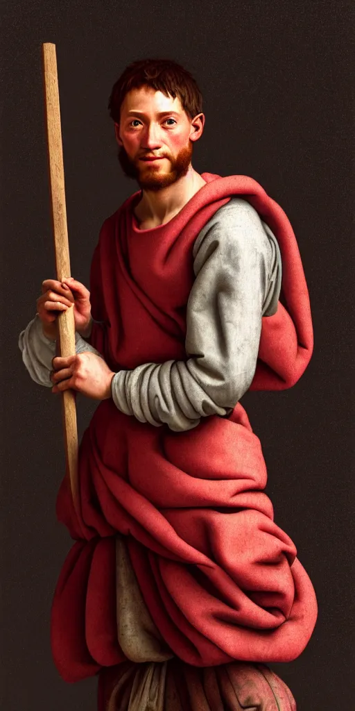 Prompt: a twenty - something michelangelo wearing peasant clothing of the renaissance holds a chisel in one hand and a mallet in the other, photorealistic, hyperdetailed, studio lighting, octane render, caustics