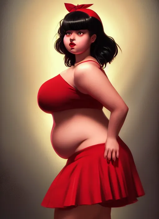 Image similar to full body portrait of teenage veronica lodge, obese, bangs, sultry, realistic, sultry smirk, wavy hair, red skirt, fat, belly, intricate, elegant, glowing lights, highly detailed, digital painting, artstation, concept art, smooth, sharp focus, illustration, art by wlop, mars ravelo and greg rutkowski