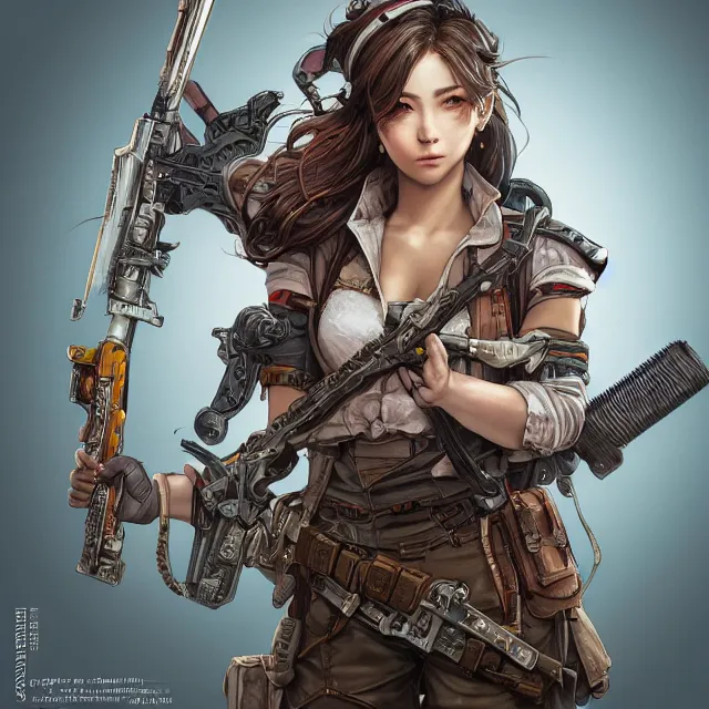 Image similar to the portrait of lawful neutral semi - colorful female infantry gunner as absurdly beautiful, gorgeous, elegant, young gravure idol, an ultrafine hyperdetailed illustration by kim jung gi, irakli nadar, intricate linework, bright colors, octopath traveler, final fantasy, unreal engine 5 highly rendered, global illumination, radiant light, detailed and intricate environment