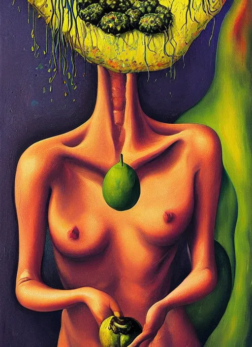 Image similar to Oil painting - She Eats of the Strangling Fruit and Her gossamer polyp blossoms bring iridescent fungal flowers whose spores black the foolish stars by Lucian Freud, and Mariusz Lewandowski, Abstract brush strokes, Masterpiece, Edward Hopper and James Gilleard, Zdzislaw Beksinski, Mark Ryden, Wolfgang Lettl, hyper detailed, hints of Yayoi Kasuma