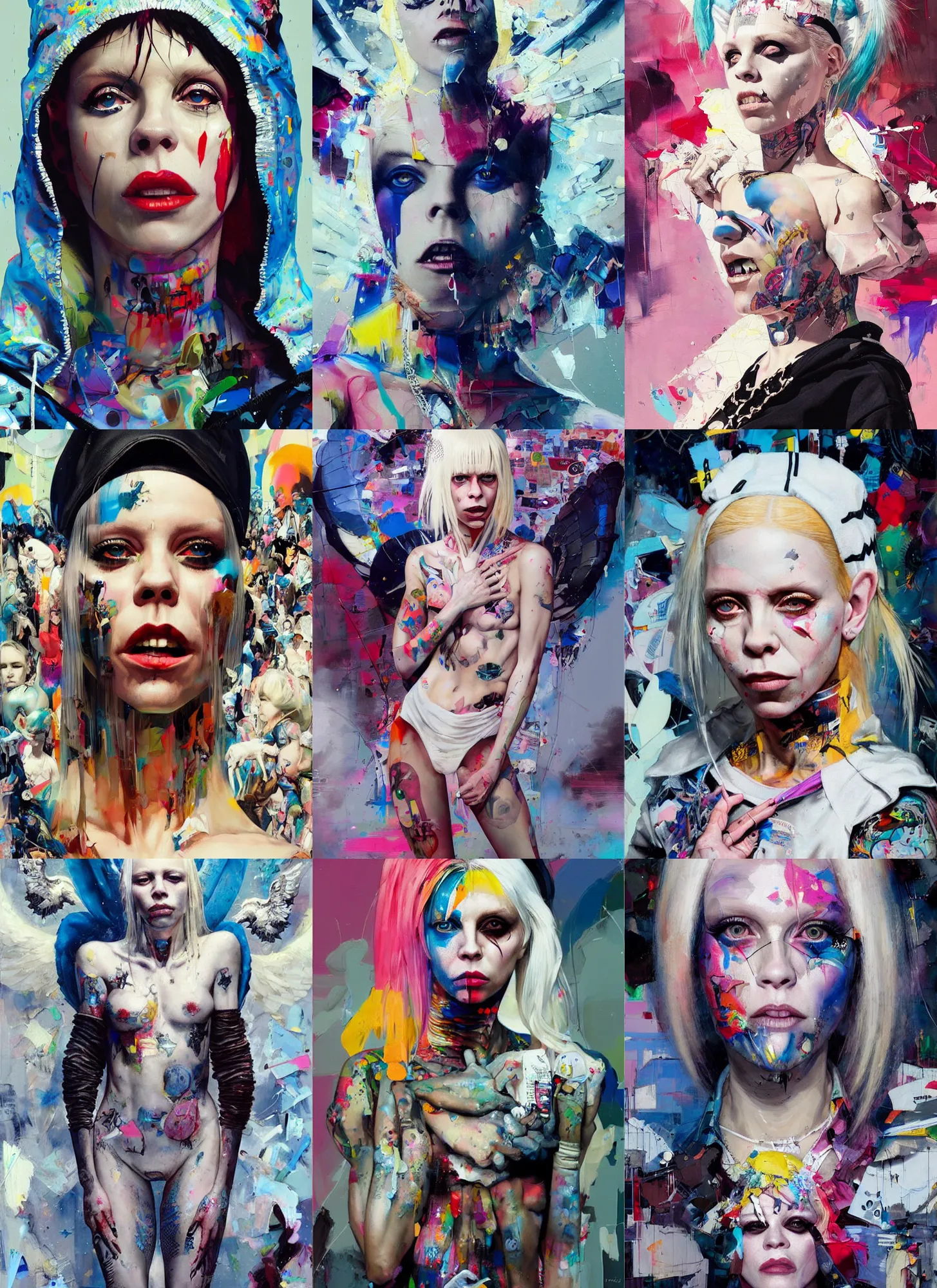 Prompt: yolandi visser in the style of martine johanna and greg rutkowski, wearing hoodie, madonna surrounded by angels, street fashion,!! haute couture!!, full figure painting by john berkey, david choe, ismail inceoglu, gorgeous features, detailed impasto brushwork
