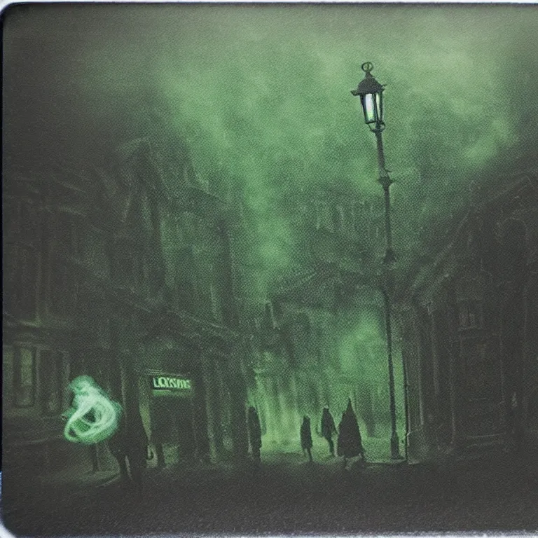 Prompt: black and dark green eldritch smoke and tendril monsters in a typical english high street. terrified people running and screaming. polaroid. photorealistic. highly detailed