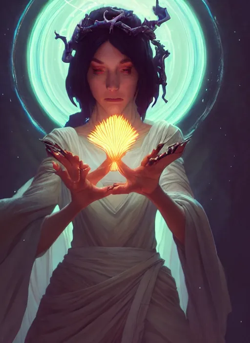 Image similar to highly detailed vfx portrait of a sorceress casting a spell of light and darkness, unreal engine, greg rutkowski, only, once, beeple, makoto shinkai and louis van baerle, ilya kuvshinov, rossdraws, tom bagshaw, alphonse mucha, global lighting, detailed and complex environment