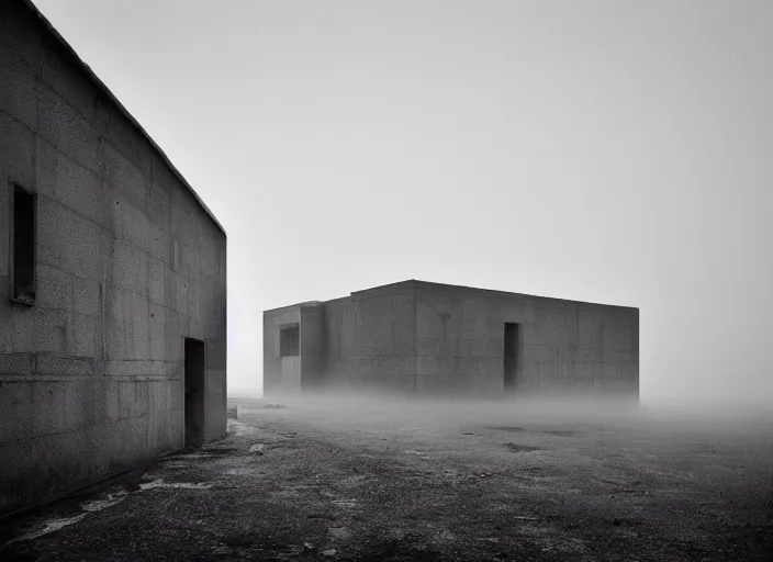 Image similar to high resolution black and white photography with a 3 5 mm f / 2 2 lens of brutalist architectural buildings in romania in the middle of nowhere in the 8 0's, there is fog and snow. fine art photography and very detailed and sad.