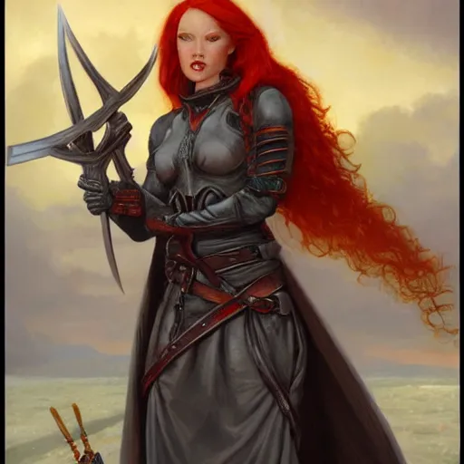 Prompt: female redhead templar, by gerald brom