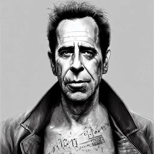 Image similar to a highly detailed epic cinematic concept art CG render digital painting artwork costume design: Humphrey Bogart, scruffy beard, old scars on the face, unkempt long hair, grizzled, tired, in an old 1950s leather jacket, with a bottle of whisky in hand. By Greg Rutkowski, Ilya Kuvshinov, WLOP, Stanley Artgerm Lau, Ruan Jia and Fenghua Zhong, trending on ArtStation, made in Maya, Blender and Photoshop, octane render, excellent composition, cinematic atmosphere, dynamic dramatic cinematic lighting, aesthetic, very inspirational, arthouse