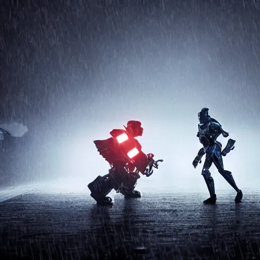 Prompt: 2 robot warriors battling each other in heavy rain, ground fog, lighting, moody lighting, 8 k, shallow depth of field, cinematic lighting,