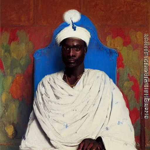 Image similar to royal portrait of king of dahomey outdoors dressed in airy blue and white benin toga and sandals, 1905, brightly coloured oil on canvas, by ilya repin