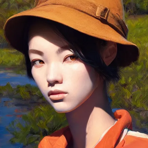 Prompt: oil painting by ilya kuvshinov,, baugh casey, artgerm craig mullins, coby whitmore, of a youthful japanese girl, long hair, fishing and wearing fisherman's outfit, fisherman's hat, highly detailed, breathtaking face, studio photography, noon, intense bounced light, water reflection, large tree casting shadow, serine intense sunlight