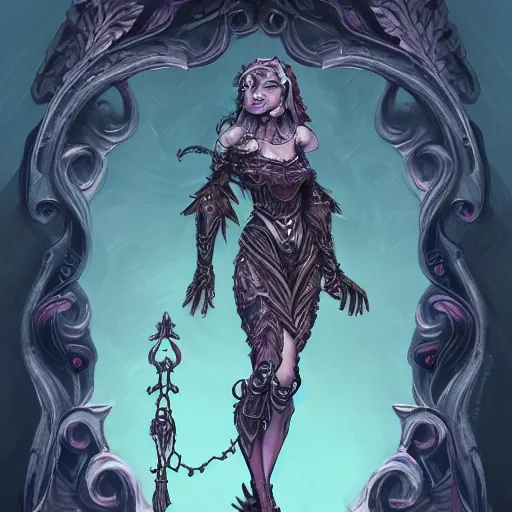 Prompt: a tarot card of a female necromancer, fantasy, d & d, intricate, elegant, highly detailed, digital painting, artstation, concept art, matte, sharp focus, illustration, art in the style of disney