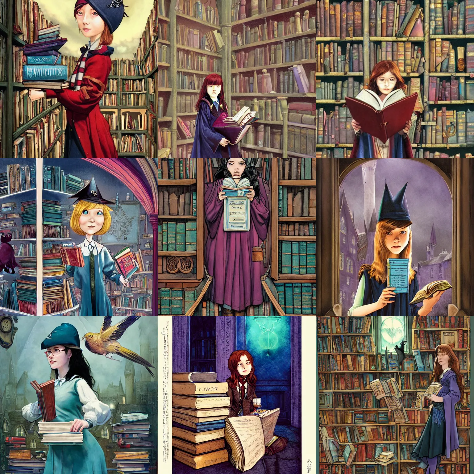 Prompt: Tiffany Aching with books as a ravenclaw student in Hogwarts School of Witchcraft and Wizardry, detailed, hyperrealistic, colorful, cinematic lighting, digital art by Paul Kidby, Jonny Duddle and Jim Kay