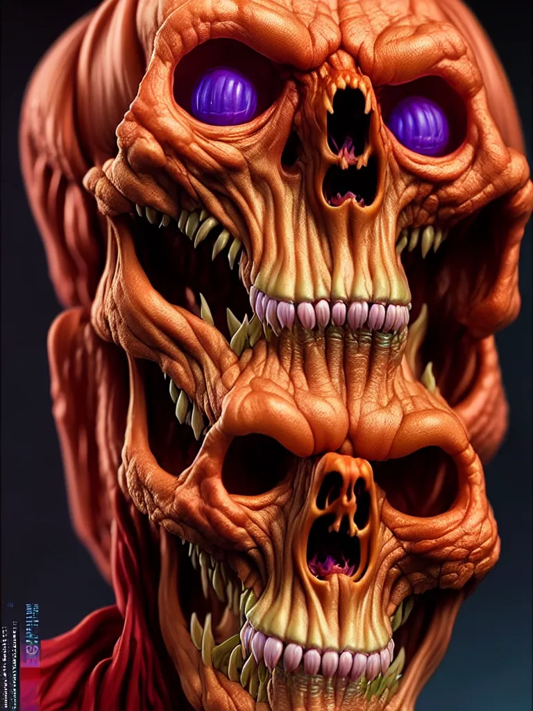 Image similar to hyperrealistic rendering, skeletor face by donato giancola and greg rutkowski and wayne barlow and zdzisław beksinski, product photography, action figure, sofubi, studio lighting, colored gels