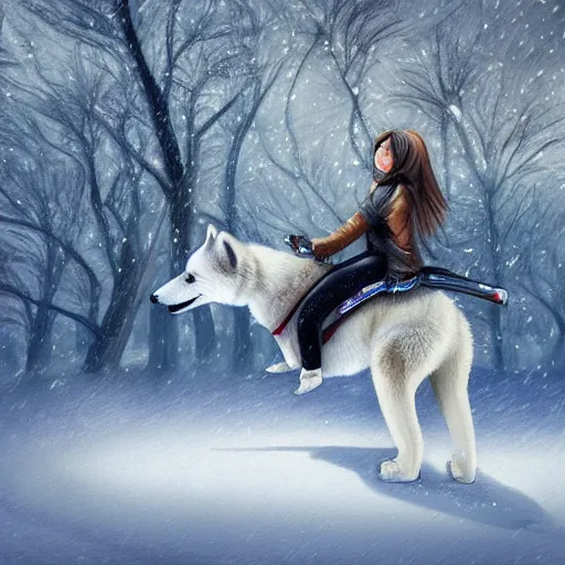 Prompt: girl riding on a giant husky in a snowy park, trending on art station