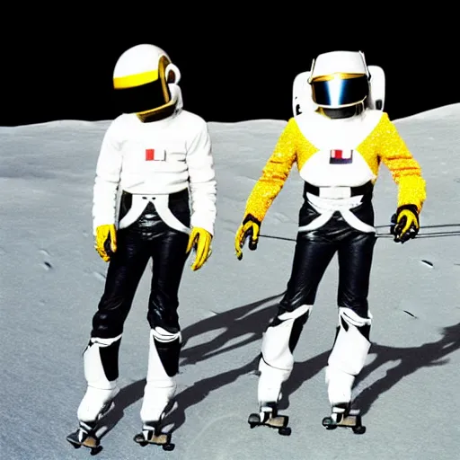 Image similar to daft punk rollerblading on the moon