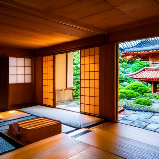 Image similar to inside a cozy wooden Japanese house with a indoor koi pond, bonsai trees, stream flowing through the house, unseen marine life, golden hour, peaceful, calm, atmospheric