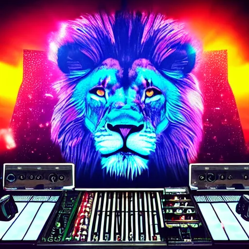 Image similar to Lion with crown in DJ booth in space, synthwave