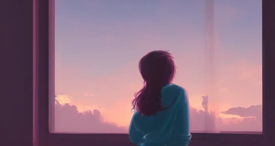 Prompt: hyperdetailed picture of a girl on the window pane watching the sunset in the twilight, volumetric lighting, oil, glowing lights, 4k, octane, digital painting, pixiv, by Aenami