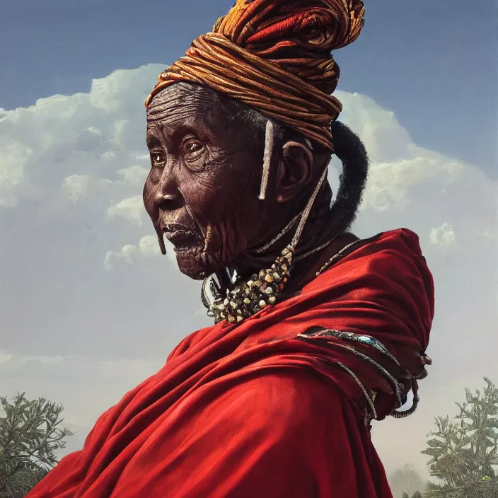 Image similar to a painting of a wise elder from Kenya by Kehinde Wiley . dramatic angle, ethereal lights, details, smooth, sharp focus, illustration, realistic, cinematic, artstation, award winning, rgb , unreal engine, octane render, cinematic light, macro, depth of field, blur, red light and clouds from the back, highly detailed epic cinematic concept art CG render made in Maya, Blender and Photoshop, octane render, excellent composition, dynamic dramatic cinematic lighting, aesthetic, very inspirational, arthouse.