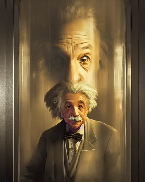 Image similar to Einstein in a elevator painted by István Sándorfi volumetric lighting, back lighting, rimlight, dramatic lighting, digital painting, highly detailed, artstation, sharp focus, illustration, Artgerm, Jean-Léon Gérôme , ruan jia