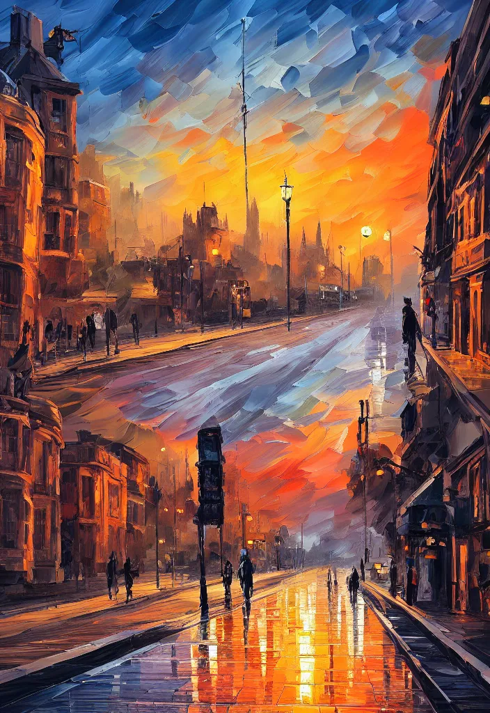 Image similar to The London Streets at Golden Hour, by Aenami Alena, Afshar Petros and Afremov Leonid