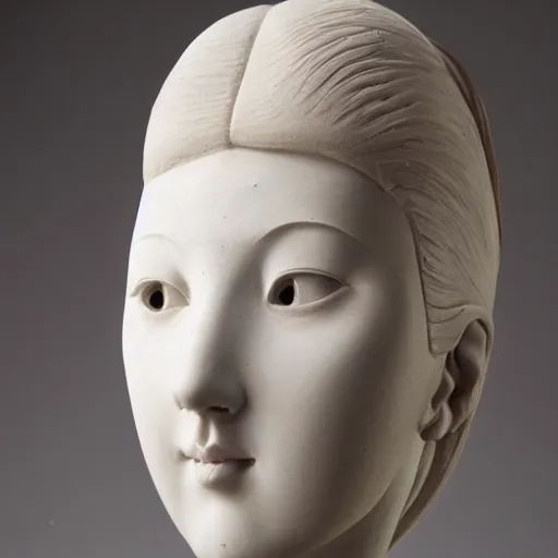 Prompt: sculpture of a beautiful, sweet girl, full-length symmetrical facial features in white clay cinematographic rendering
