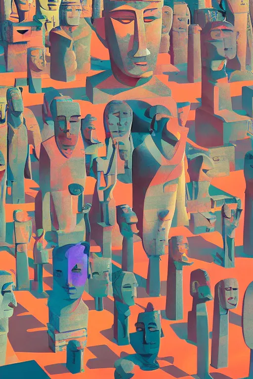 Image similar to cubist moai statue cutout digital illustration cartoon colorful beeple