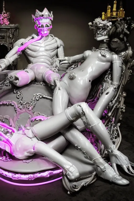 Image similar to full-body rococo and cyberpunk style neon statue of a muscular attractive Nick Jonas macho dotado e rico android sim roupa reclining con las piernas abertas e la piroca dura, glowing white laser eyes, prince crown of pink gears, diamonds, swirling silver-colored silk fabric. futuristic elements. full-length view. space robots. human skulls. intricate artwork by caravaggio. Trending on artstation, octane render, cinematic lighting from the right, hyper realism, octane render, 8k, depth of field, 3D