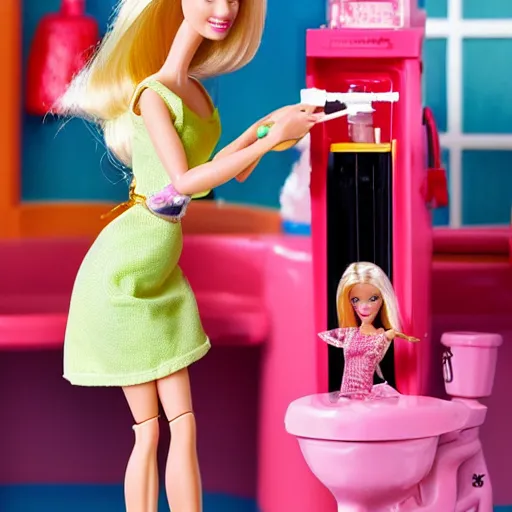 Image similar to barbie taking heroin with a syringe with a big needle in her arm, bad drugs, stoned, toilet