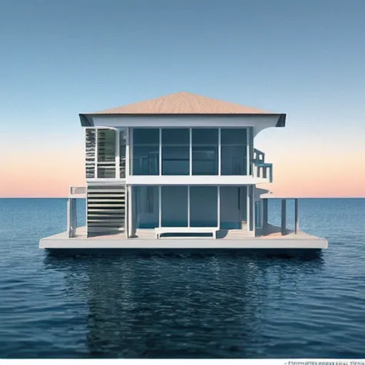 Image similar to “ a realistic model of a house floating on the beach of miami, 8 k render designed by norman foster ”