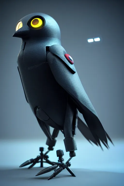 Image similar to high quality 3 d render very cute cyborg crow! next to microphone!, cyberpunk highly detailed, unreal engine cinematic smooth, in the style of blade runner & detective pikachu, hannah yata charlie immer, moody light, low angle, uhd 8 k, sharp focus