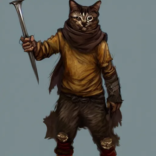 Image similar to dirty homeless humanoid cat wearing rags, wielding a broadsword, concept art, d & d, fantasy, trending on artstation